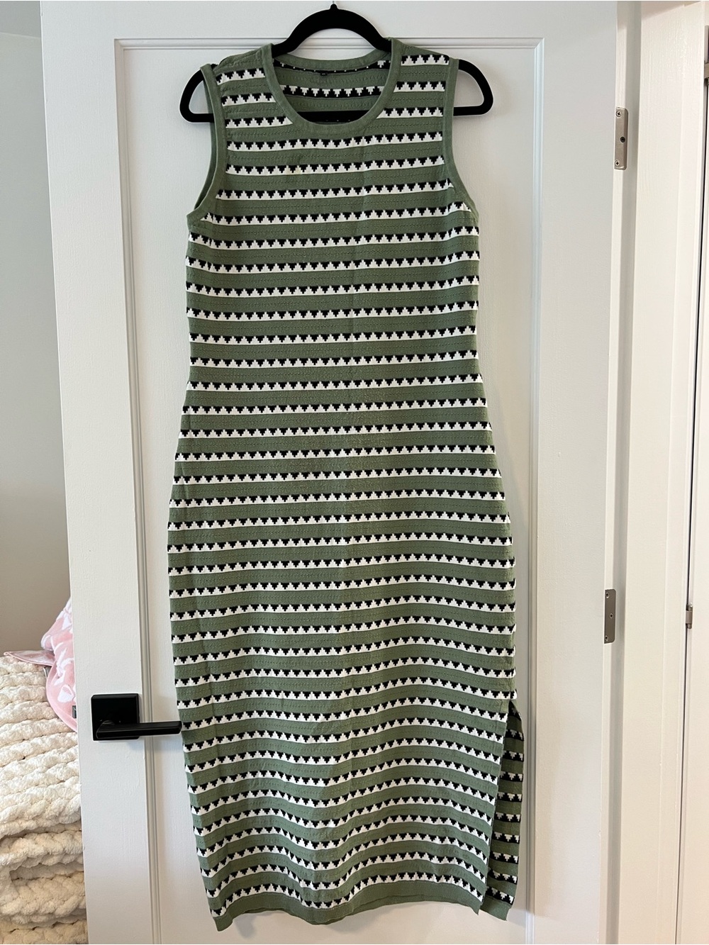 Sleeveless Olive & Cream Striped Knit Midi Dress